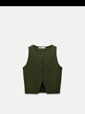 Zara Olive Green Cropped Button-Front Knit Top